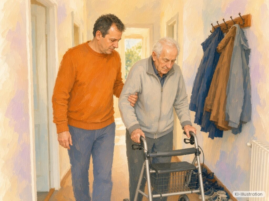 Aquarell-Illustration: Alltagshelfer begleitet einen älteren Herrn mit Rollator durch den Flur